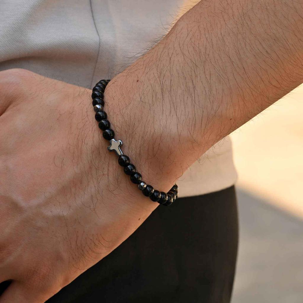 Vnox Men's Stainless Steel Cross Charm Bracelet, Adjustable Black Agate Bead Wristband, Birthday Party Jewelry Gift for Him