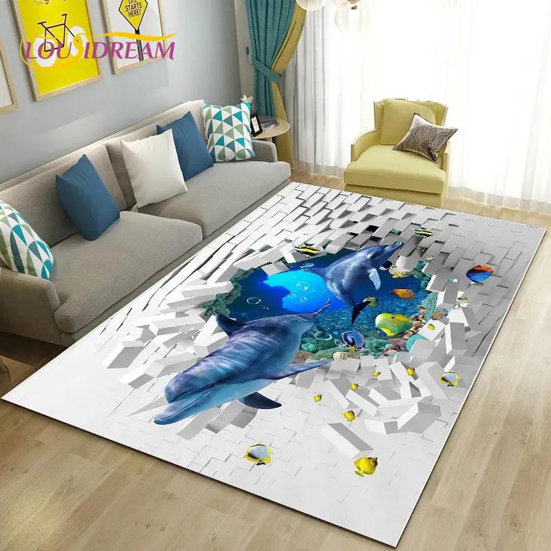 Seabed Illusion Underwater World  Dolphin Shark  Area Rug ,Carpet Rug for Living Room Bedroom Sofa Doormat Non-slip Floor Mat