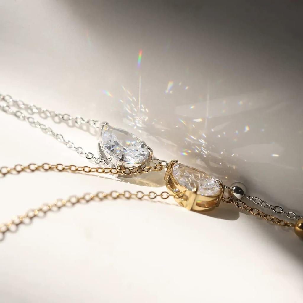 Fashion Elegant Ladies Jewelry Water Proof Y Shaped 18K Gold Plated Stainless Steel Zircon Teardrop Pendant Necklaces for Women