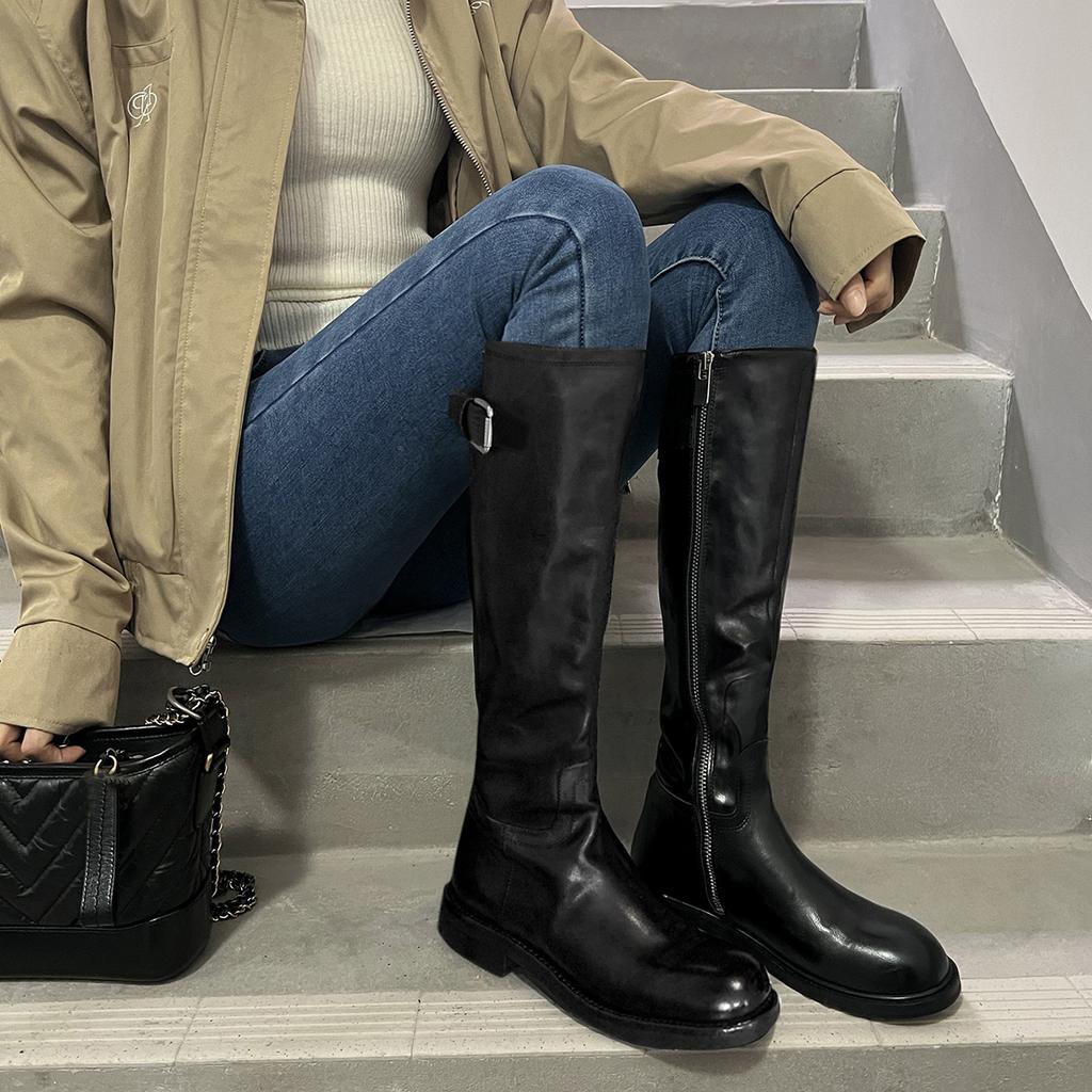 Vasket Kuskinn~ Ekte Skinn Svarte Retro Støvler Allsidige Grov Hæl Ridestøvler Dame Støvler Høye Støvler