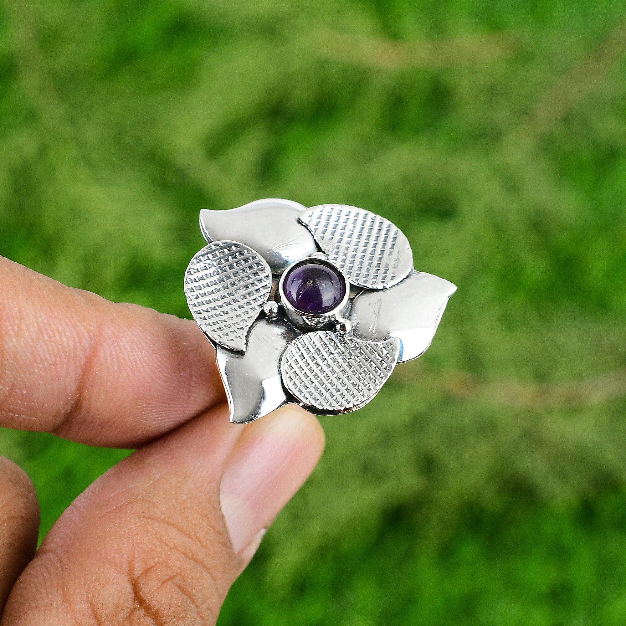 

Стерлинговое серебро Февраль Круглый Натуральный Африканский Аметист Цветок Бохо Кольцо Обещания Adjustable