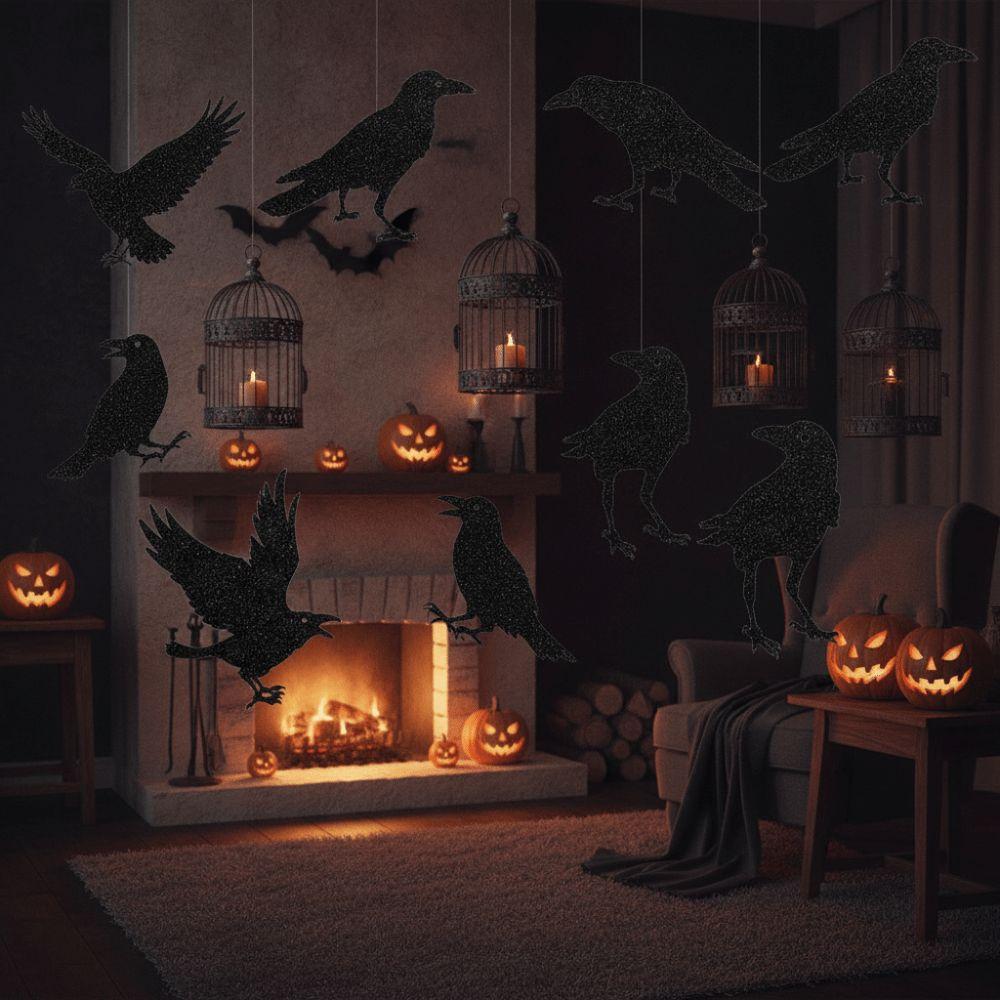 12pcs Thick Paper Black Crow Hanging Decor Dark Glittery Paper Birdcage Pendant Tree Branch