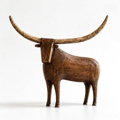 Vintage Longhorn Bull Sculpture Rustic Farmhouse Animal Figurine, Western Style Decorative Statue for Shelf Mantel Living Room Home Decor