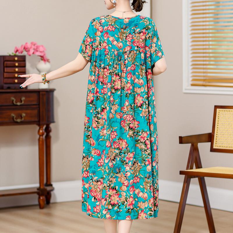 Plus Size Elegant Loose Dresses for Women Oversize Short Sleeve Vintage Print Long Dress Casual Middle-aged Women's Clothing