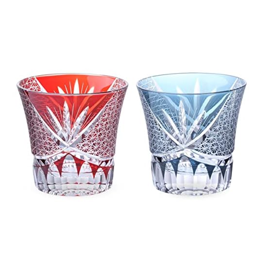 Takumibifu Dinner Luxe Kiriko Pair Glass Cup 90xH85mm 240cc Orchid Carved Komon Red & Ink Blue Koga