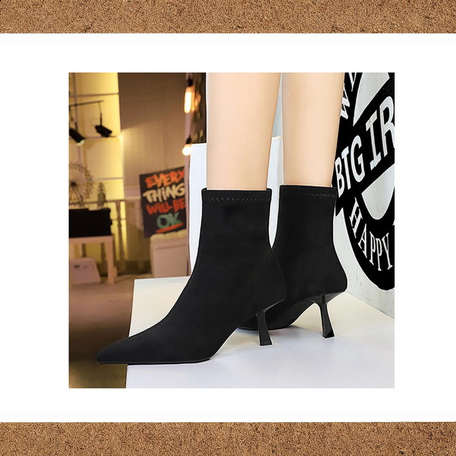 Women s Retro Suede Pointed Toe Slim Boots Mid Heel Versatile Boots 36