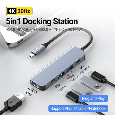 5'i 1 Arada USB 3.0 Hub Type C Hub USB-C Güç Girişli Port PD 100W Şarj HDMI 4K 30Hz MacBook Mac Pro iMac XPS PC için