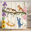 Cartoon Cat Shower Curtain 180x180cm – Whimsical Animal & Floral Design, Playful Bathroom Decor, 12 Hooks