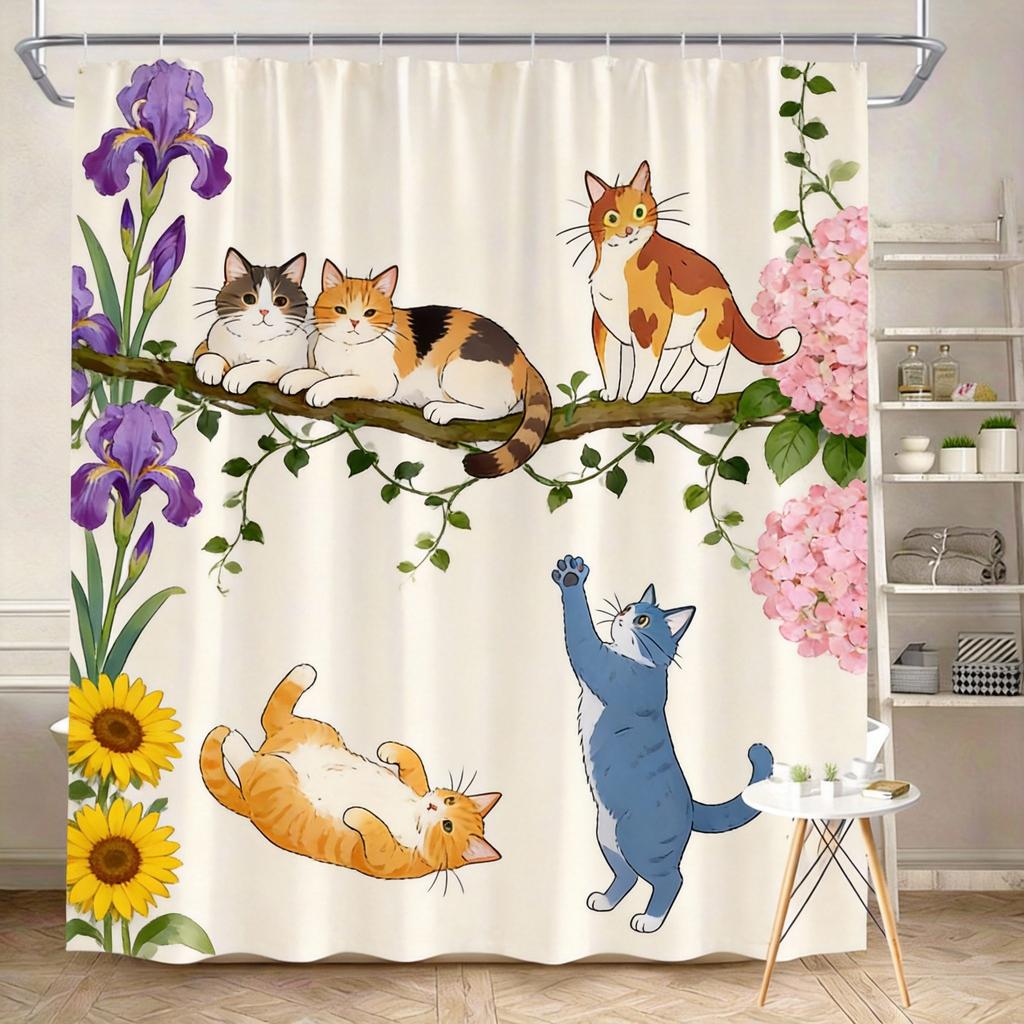 Cartoon Cat Shower Curtain 180x180cm – Whimsical Animal & Floral Design, Playful Bathroom Decor, 12 Hooks