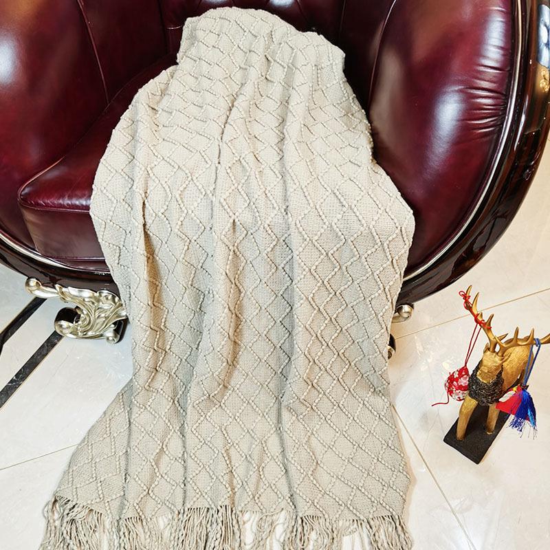 Soft and Comfortable Solid Color Throw Blanket Knitted Sofa Blanket Car Rhombus Air Conditioning Blanket Tassel Nap Wool Blanket