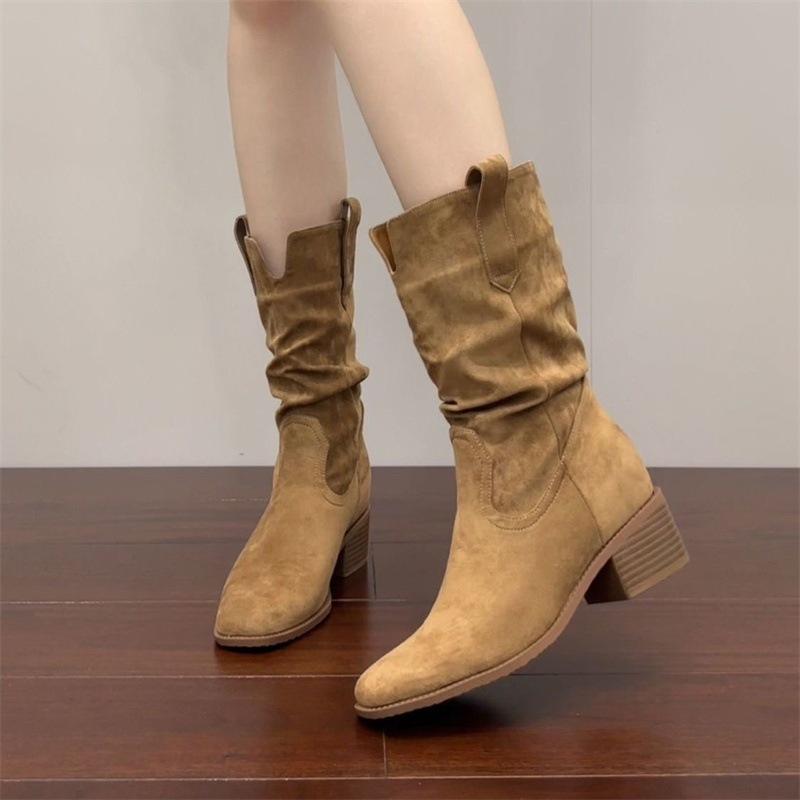 New Inner Height Increased Frosted Leather Martin Boots Autumn and Winter Retro Stacking Boots Khaki Thick Heel Cowboy Boots