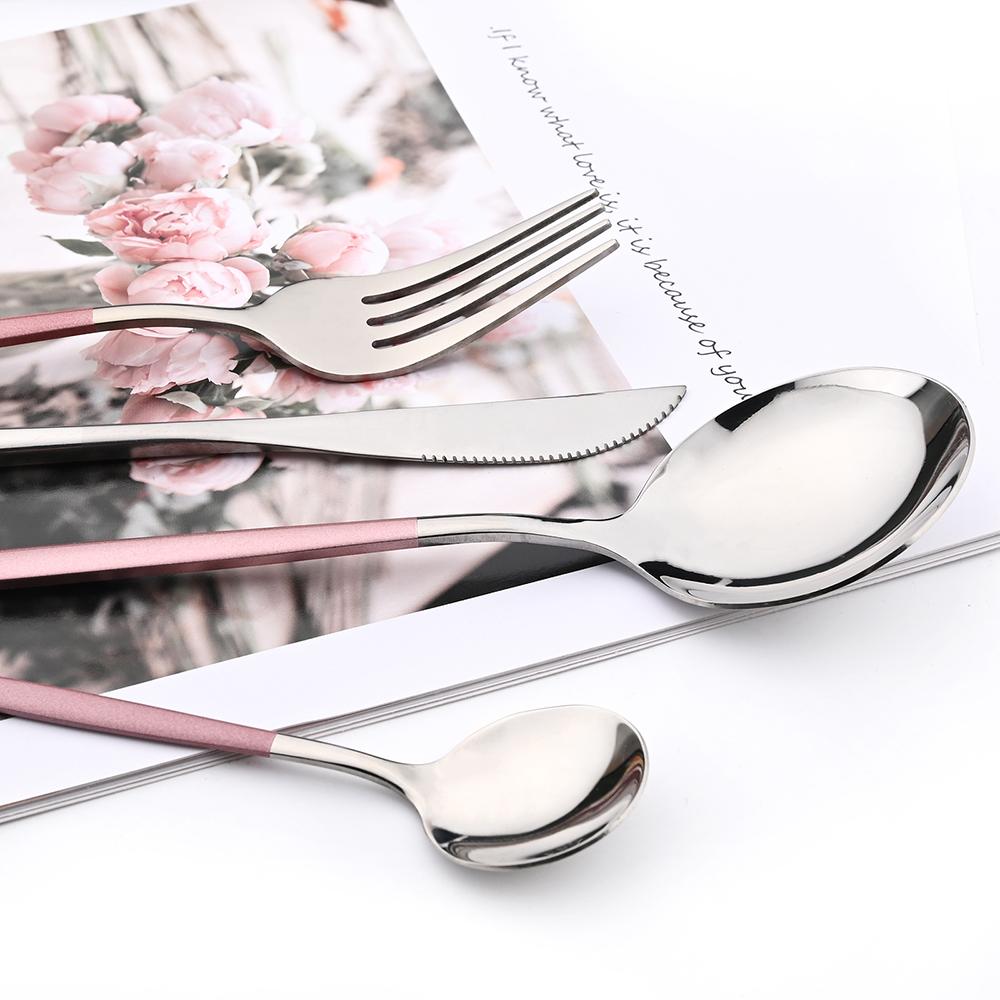 Drmfiy Pink Silver Stainless Steel Dinnerware Set Fork Knife Soup Ice Spoon Cutlery Set Western Flatware Kitchen Silverware Set