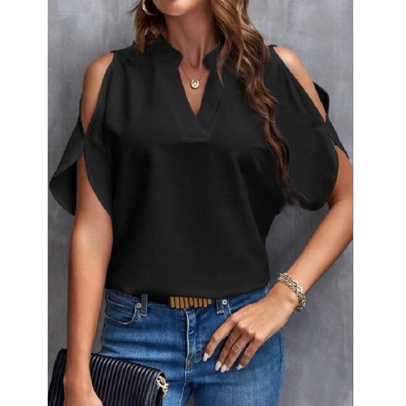 QICED Women's Fashion Casual Short Sleeve V-Neck  Blouses & Shirts