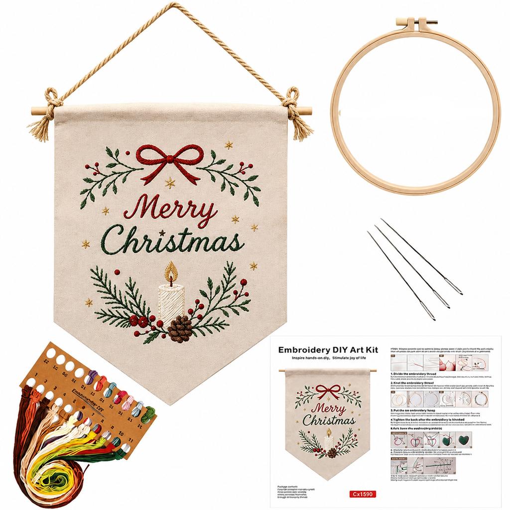DIY Embroidery Kit Christmas Scene Triangle Wall Hanging Flag Beginner Printed Canvas Hoop Needle Thread Organizer Decor