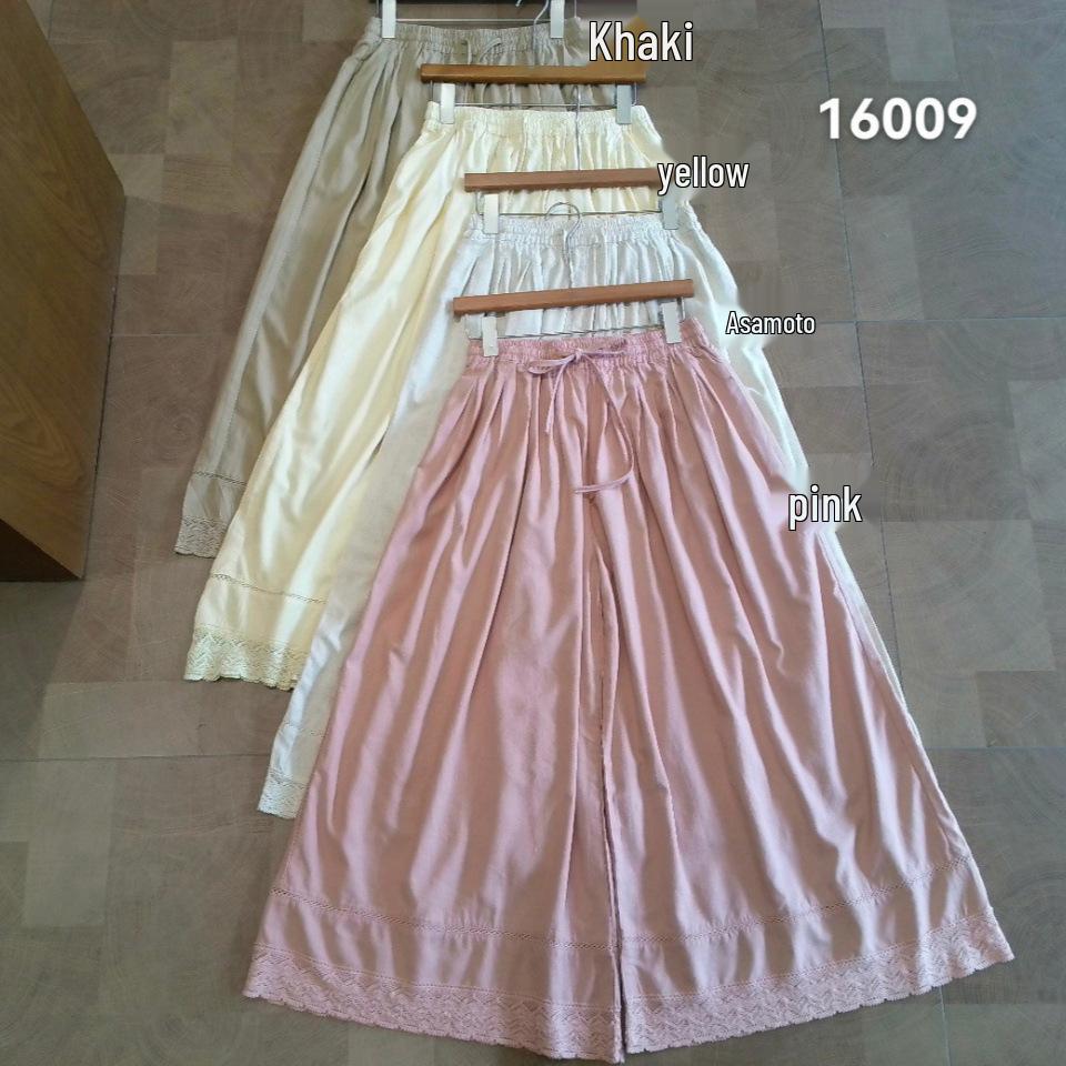 

Mori-Style Lace Patchwork Wide-Leg Pants: Women s Elastic Waist, Drawstring, Versatile Casual Fit One Size жёлтый