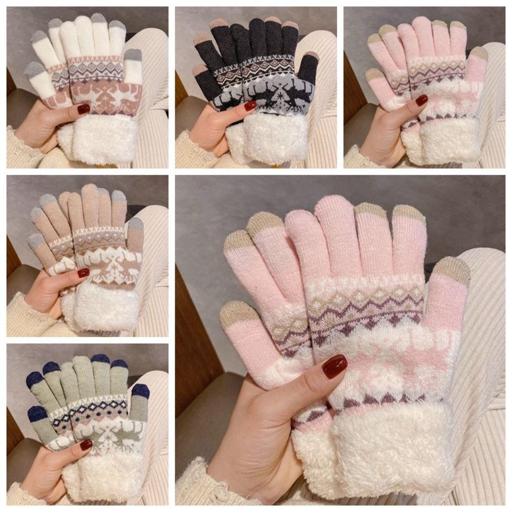 Thickened Christmas Knitted Gloves Wool Winter Mittens Simple Full Finger Gloves  Women