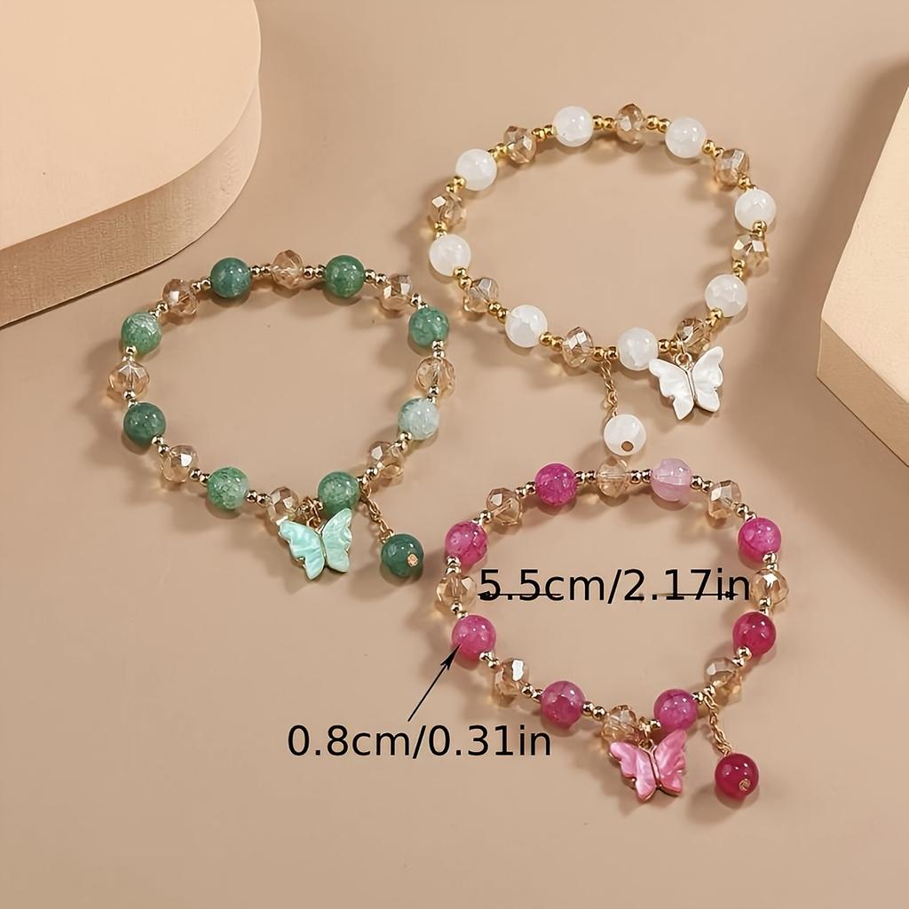 3pcs Boho Glass Bead Bracelet Set, Butterfly Pendant Vintage Elegant Wristband - Ideal Birthday Gift for Women, Charm Bracelets