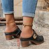 International Chunky Heel Women's Sandals: Plus Size Hollow-Out Studded Pointed Toe, Backless Design.
