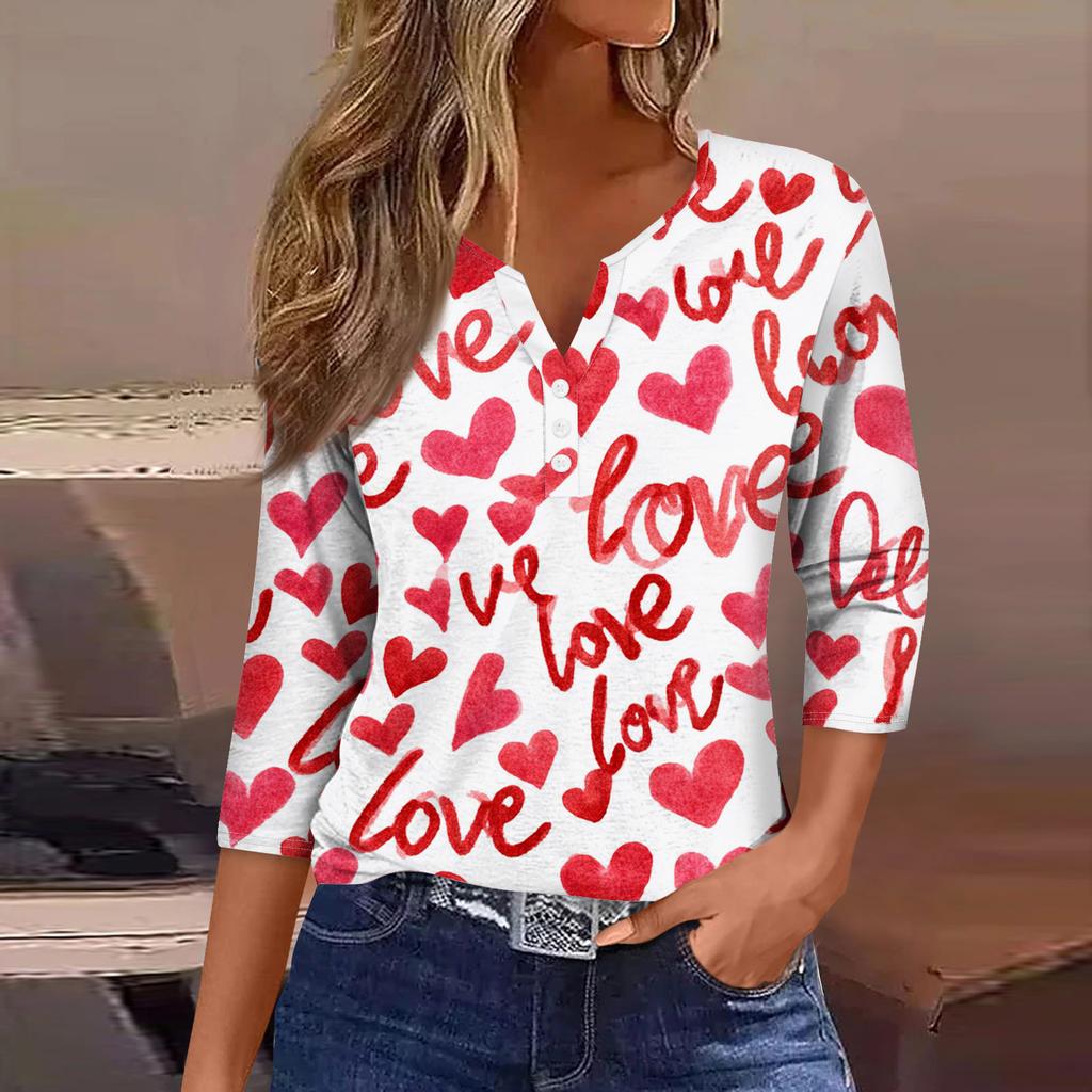 Damen Kragen Valentinstag Print Kurzarm T-Shirt Top