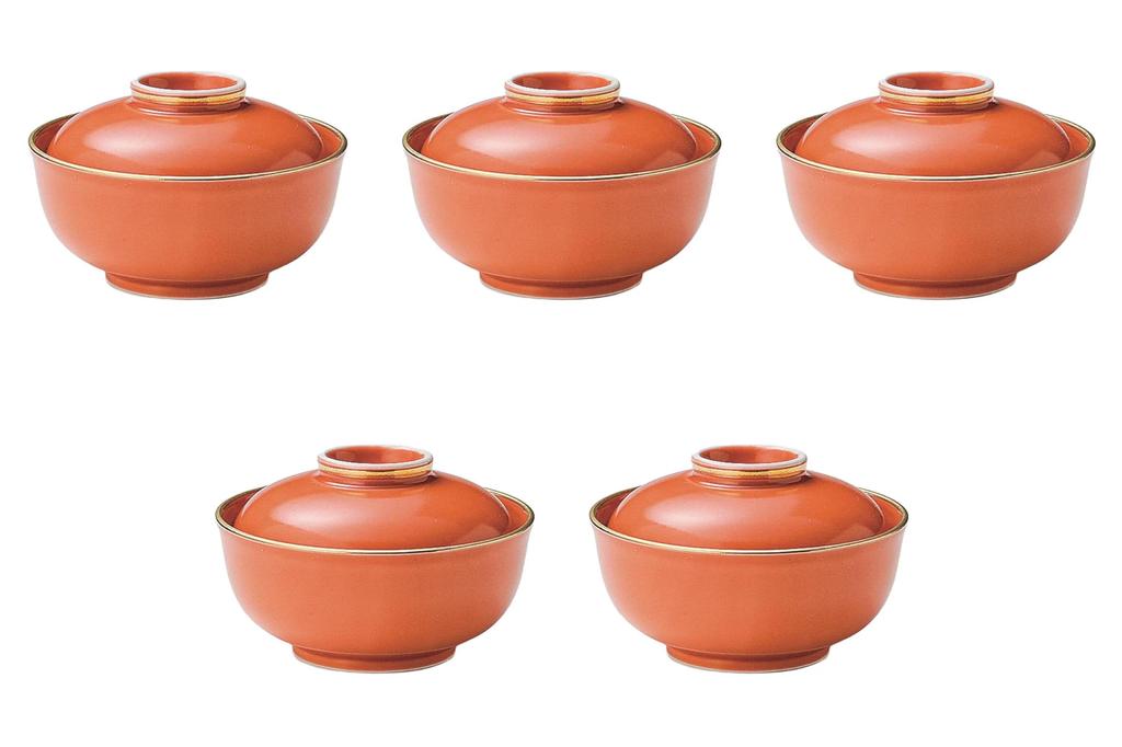Set of 5 Orange Glazed Lidded Bowls X Arita Ware Simmered Food Bowls by Setomonohonpo Gold-rimmed [12.6 8.3 Cm]