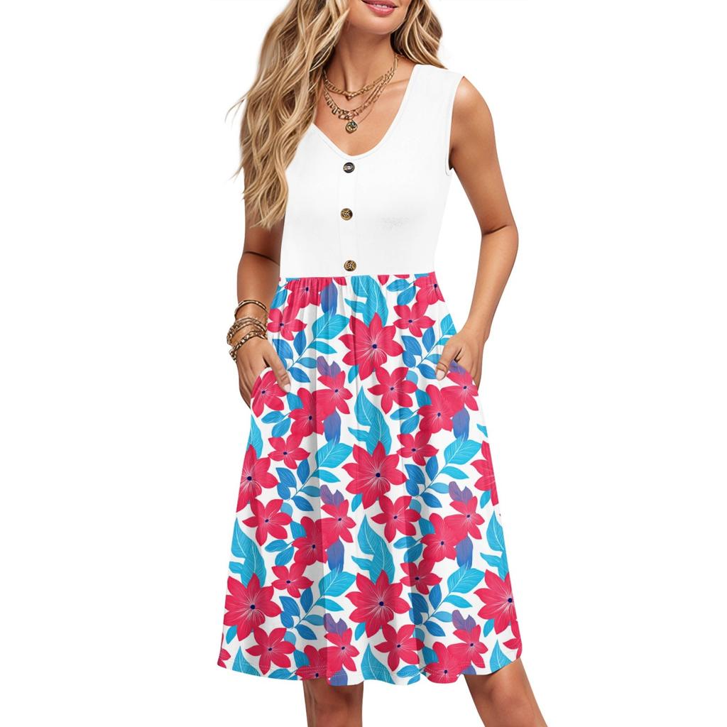 Damen Sommer Druck Kleider Ärmellos Lässig Locker Schwingend Knopfleiste Midi Sommerkleid mit Taschen
