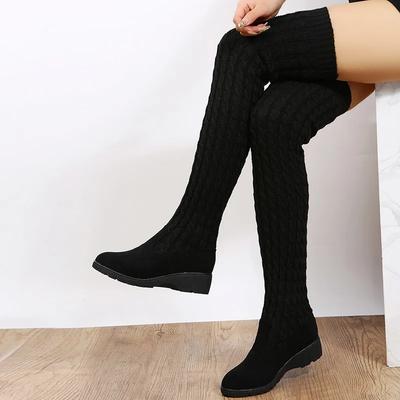 2025 Otoño e Invierno Nueva Moda Calcetines Altos de Lana Tejida Botas para Mujer Planas Por Encima de la Rodilla Largas Elásticas Ajustadas