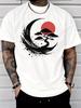 Japanese Style Crescent Moon Pine Tree Red Sun Splash Ink Print Unisexs Crew Neck Short Sleeve Tee Casual Daily Soft Basic Wear Top