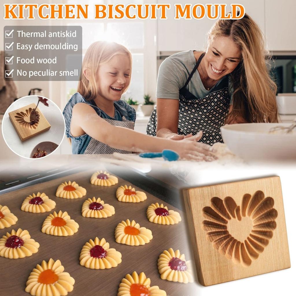 3D Wooden Cookie Cutter Moulds for DIY Baking with Heart & Flower Patterns for Baking Fondant Cake Biscuit Holiday Bakers