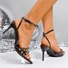 Sexy Pointed Toe Stiletto Heeled Sandals Women Fashion Rivet Decor High Heel Dress Party Shoes Woman Ankle Strap Black Sandalias