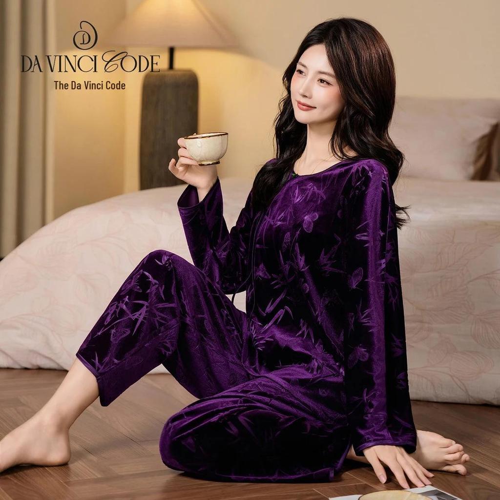 Da Vinci Code Bamboo-Inspired Gold Velvet Women’s Long-Sleeve Pants Set: Cozy Autumn/Winter Home Wear