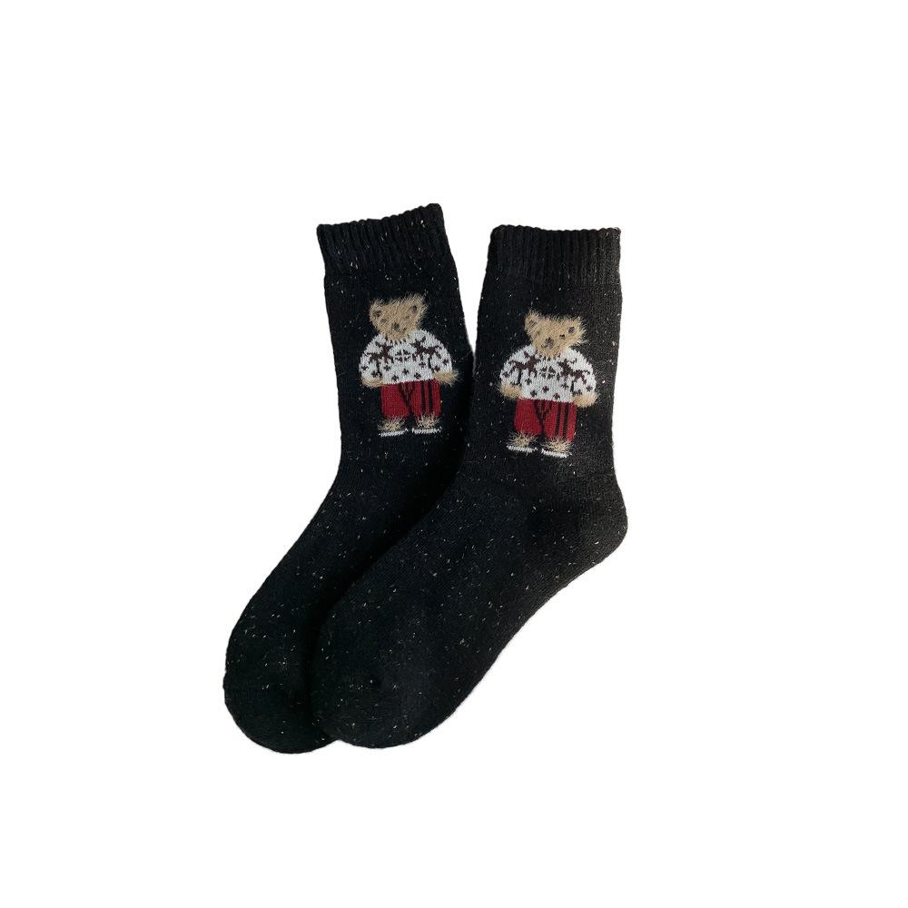

Утепленные шерстяные носки, носки до середины икры с мишками, махровые носки из меланжевой шерсти, носки в школьном стиле для девочек 1 pair чёрный