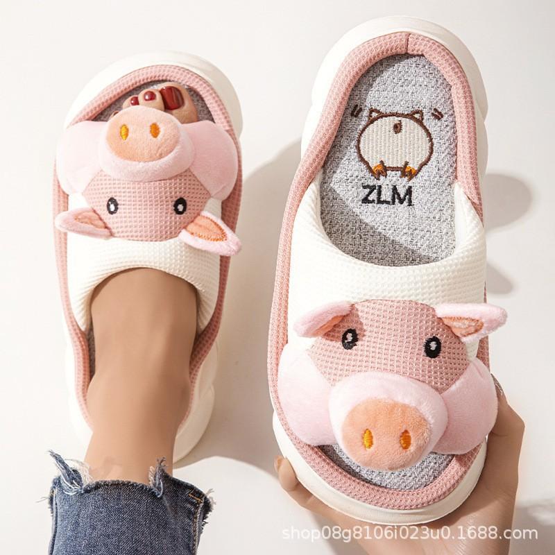 Cartoon Piggy Linen Slippers Women's Four Seasons Drag Breathable Thick Bottom Home Indoor Silent Non-slip Slippers