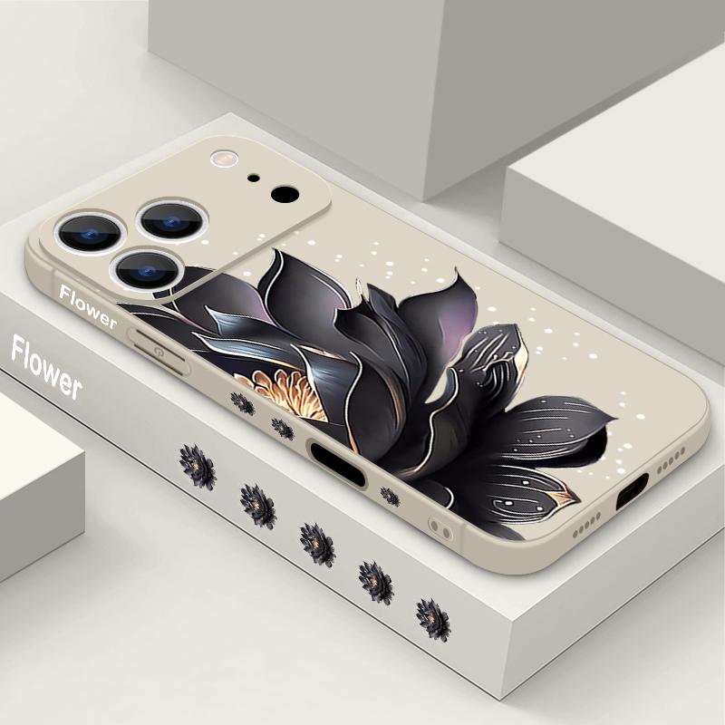 Black Rose Lotus Print Case For iPhone 17 Pro Case for iPhone 17 16 15 14 13 17 Pro Max 16e 15 16 Plus Shockproof TPU Silicone Lanyard Phone Cover