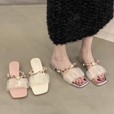 Damen Blumen Hausschuhe 2025 Sommer Mode Kleid Ballerinas Hausschuhe Weibliche Strand Outdoor Sandalen Urlaubsschuhe Sandalias De Mujer