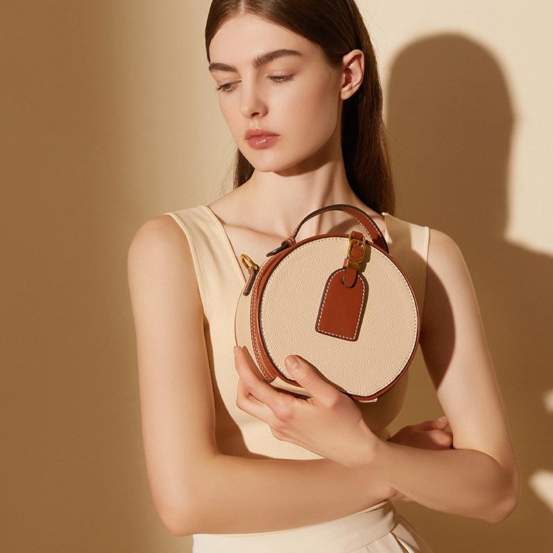 Women's Genuine Leather Bag Versatile Contrast Pebble Pattern Women's Bags Round Bun Bags
