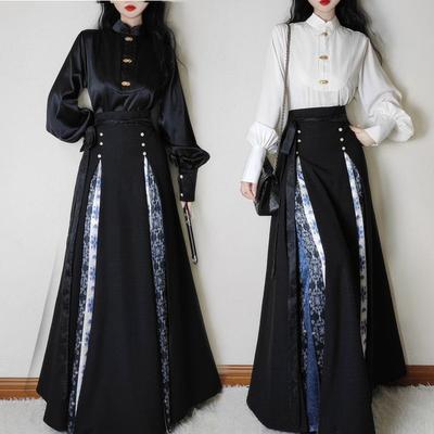 Chinese Ming Dynasty Style Hanfu Daily Commuter Stand Collar Horse-face Skirt Suit, Improved Temperament Two-piece Set