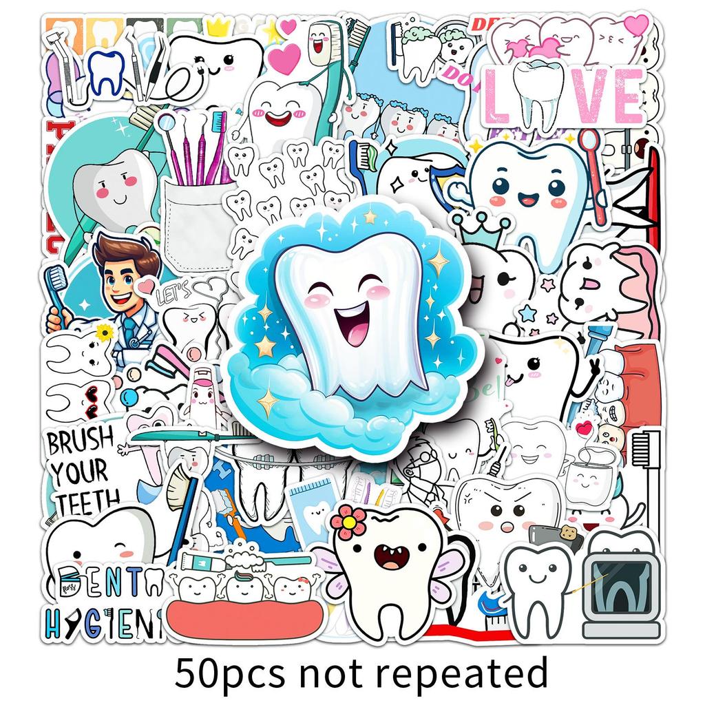 50 Cute Cartoon Waterproof Teeth Stickers for Creative Decoration