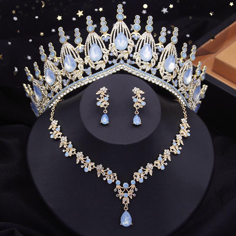 Blue Crown Bridal Jewelry Sets for Women Opal Tiara Necklace Earrings Sets Prom Wedding Bride Jewelry Costume Accessories