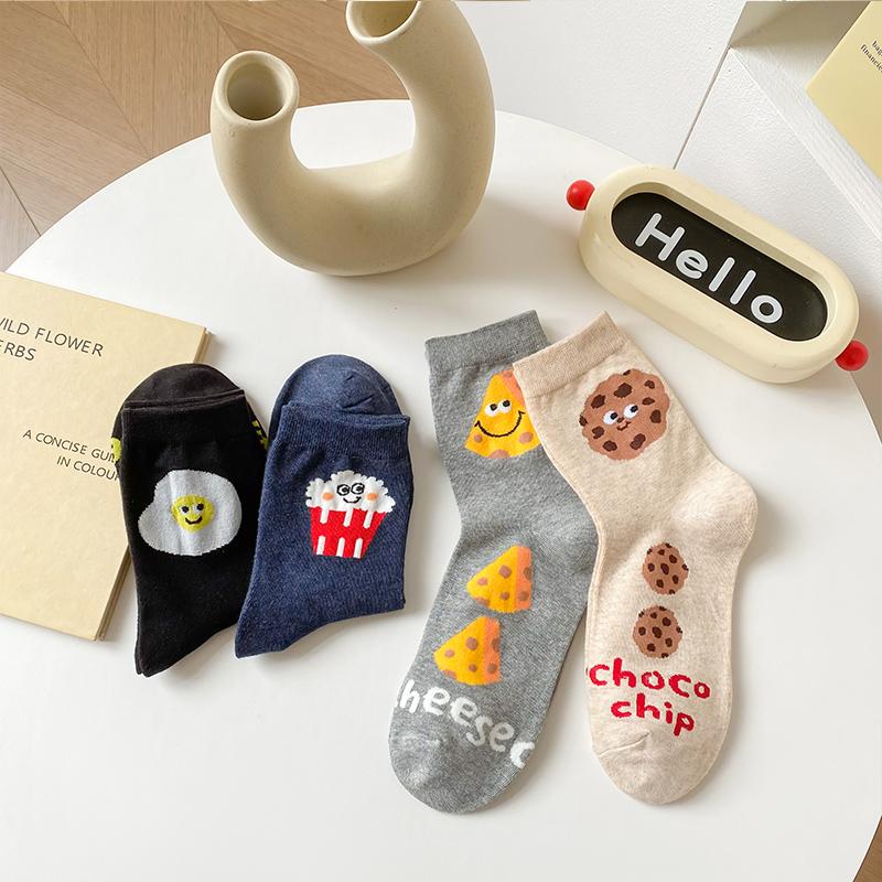 5pairs Women's pure cotton new cartoon cute cookie cheese mid-length cotton socks breathable and sweat-absorbent socks
