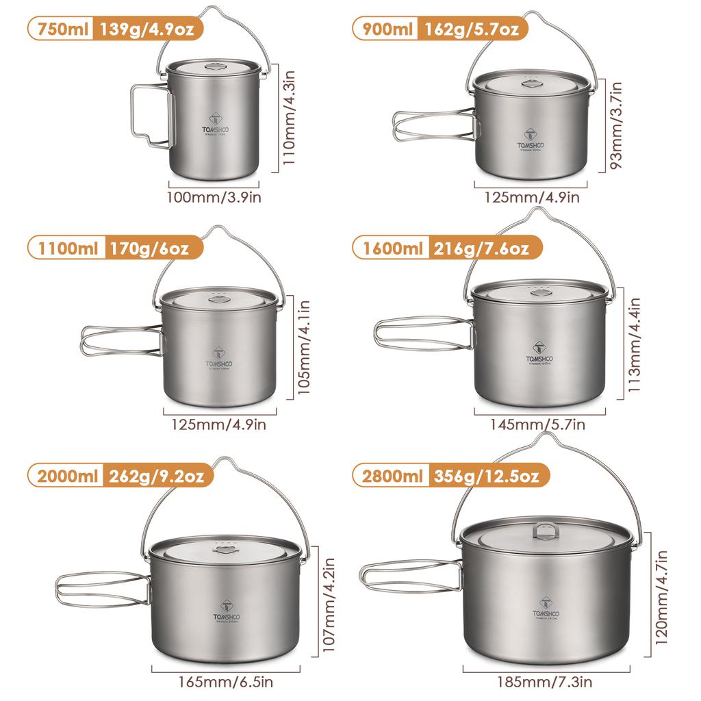 TOMSHOO Titanium Pot 750ml 900ml 1100ml 1600ml 2000ml 2800ml Ultralight Hanging Pot with Lid and Foldable Handle
