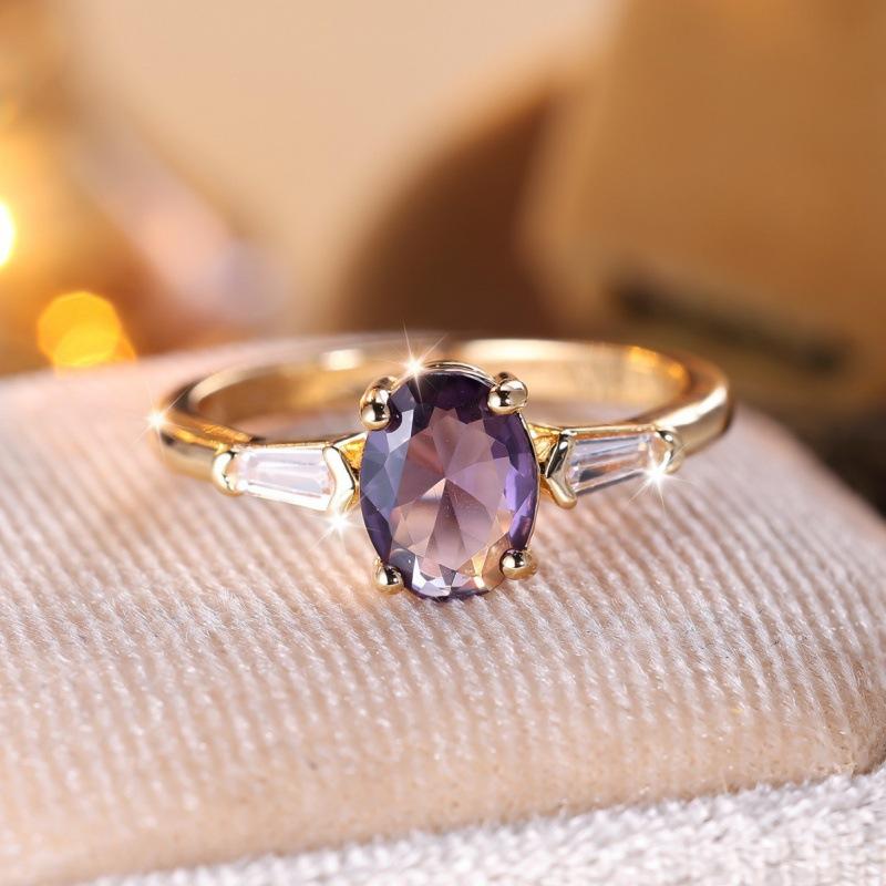 New egg-shaped purple glass edge white ring simple personalized ring no. 6