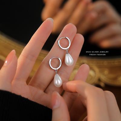 Authentic 925 Sterling Silver Water Drop Shell Pearls Stud Earrings For Women Wedding Party Temperament Jewelry