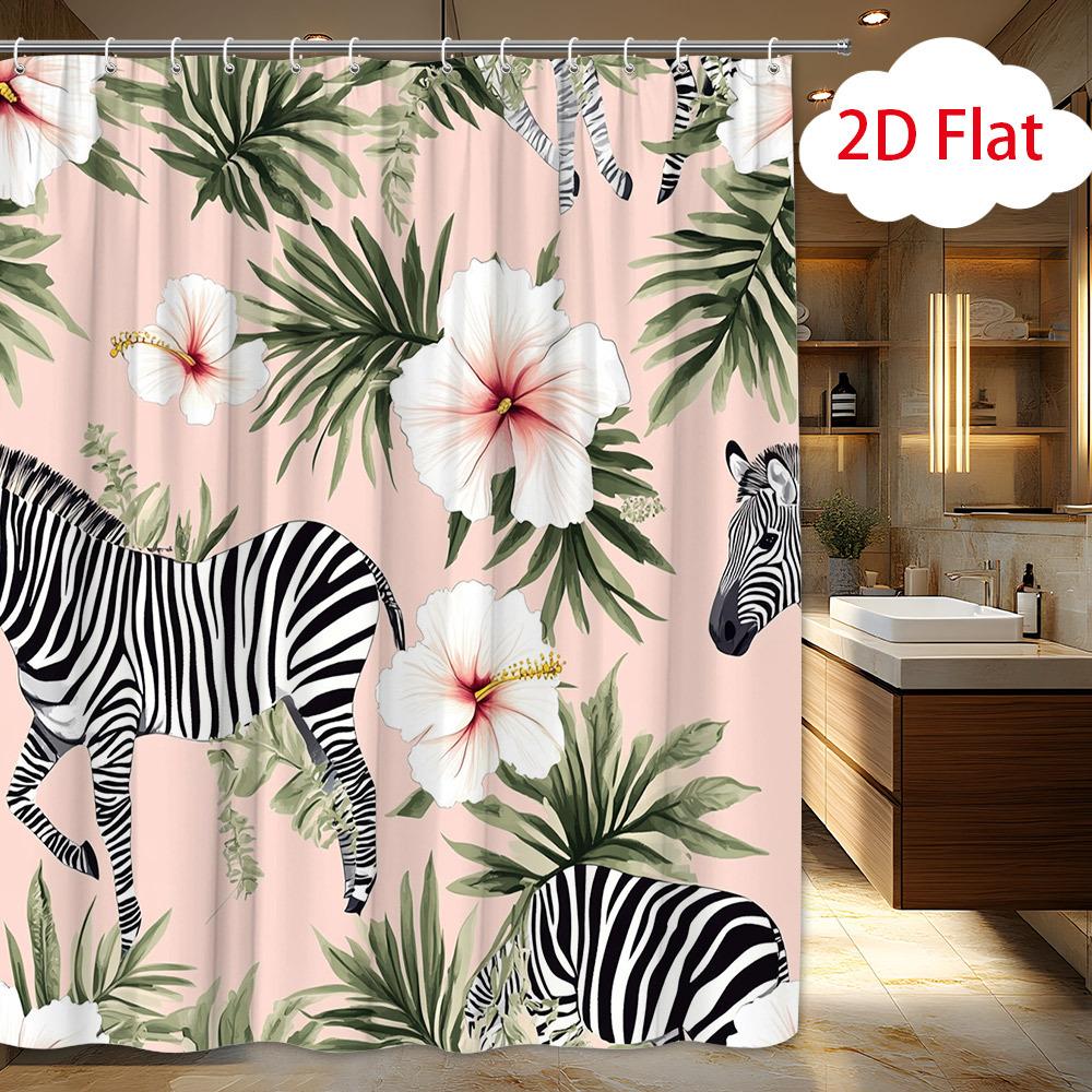 2D Flat 1pc Animal Shower Curtain Tropical Zebra Hibiscus Floral Pattern Bathroom Decor Bath Tub Divider Hanging Drapery Inclu