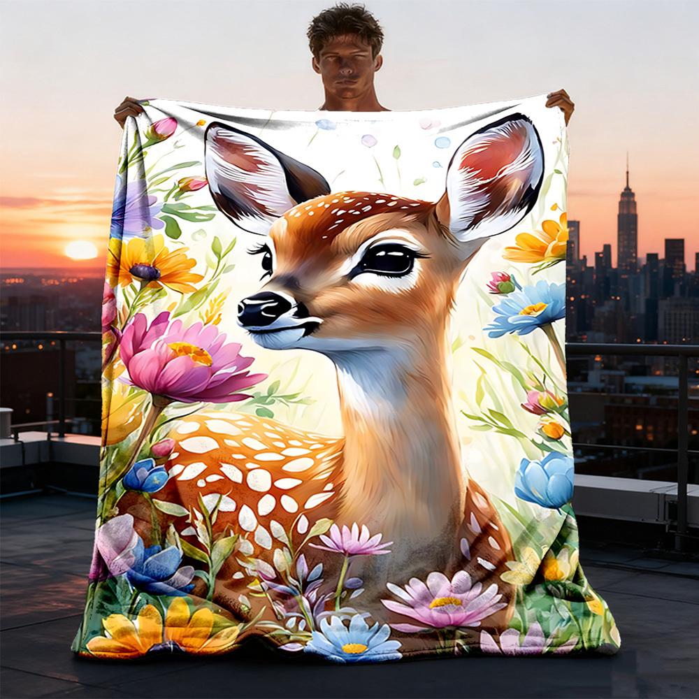 1pc Deer Floral Print Throw Blanket Polyester Fiber, Lightweight Flannel, Soft & Warm, All Season Use for Outdoor, Camping Digital Print