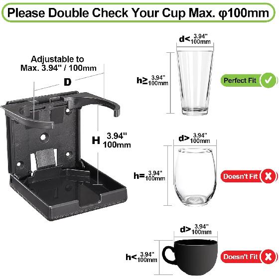 Spurtar 2Pcs Boat Cup Holder Suitable For Most Size Mugs Water Bottle Drink 2.36-3.94Inch/60-100MM Adjustable Folding Wall Car Desk Cup Holder For