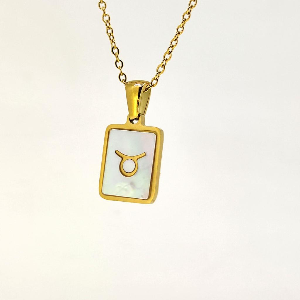 1pc Shell Zodiac Sign Necklace, Stainless Steel Square Pendant With White Shell, Perfect For Women