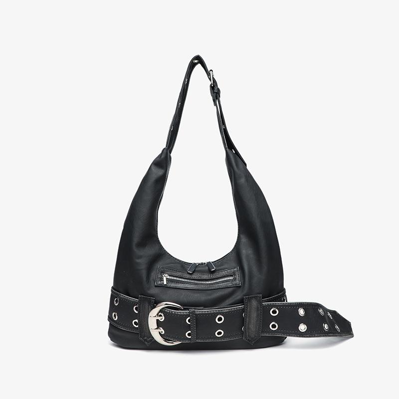 Fashionable, Minimalist, Retro Metal Punk, Spicy Girl, Motorcycle Big Bag, Solid Color Commuting, Large Capacity Women s Single Shoulder Handbag чёрный