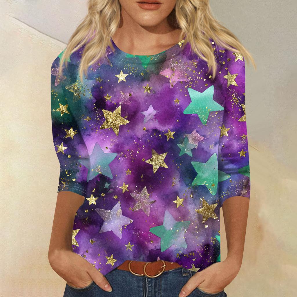 Dámské módní ležérní tričko s kulatým výstřihem a tříčtvrtečním rukávem s potiskem karnevalu