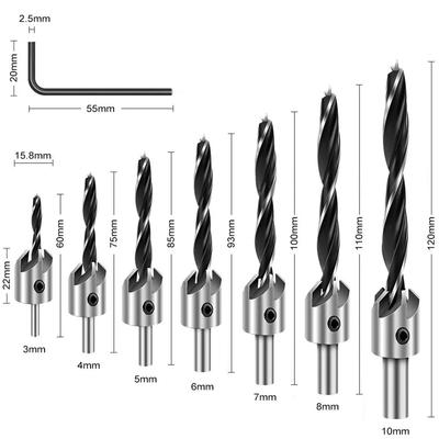 7Pcs Countersink Drill Bit Set Screw Woodworking Drill Press Set Reamer Screw Woo Tool With 1 Free Hex Key Wrench