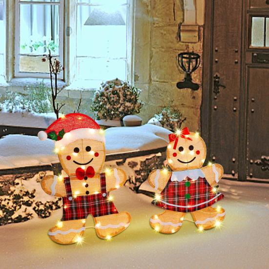 2 Pcs Christmas Gingerbread Man Yard Sign Lighted Gingerbread Boy And Girl Sign with Stake for Outdoor Lawn Patio Garden Decor